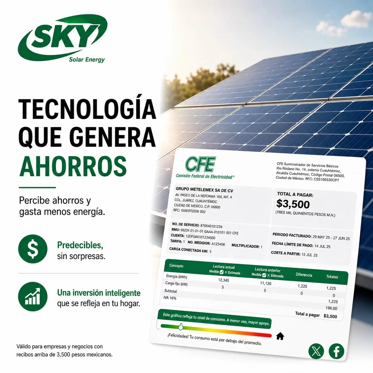 Paneles solares y recibo de electricidad