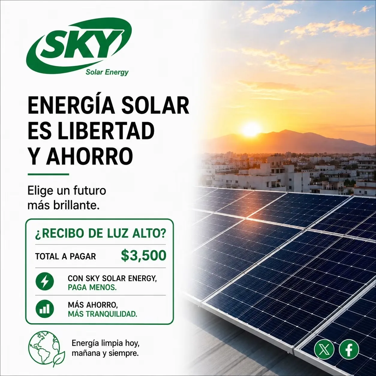 Familia revisando su recibo de luz frente a una casa con paneles solares
